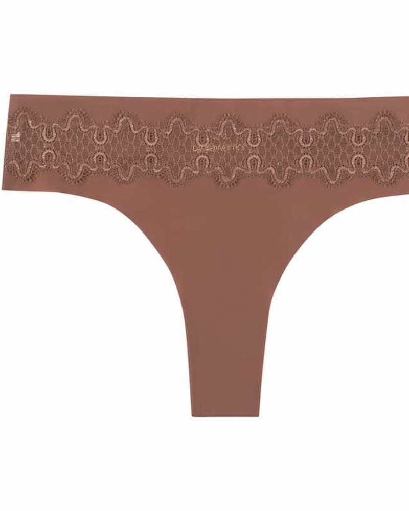 Front of a size 2XLarge VIP Thong with Lace Detail in Toffee with Toffee Lace by Uwila Warrior. | dia_product_style_image_id:242639